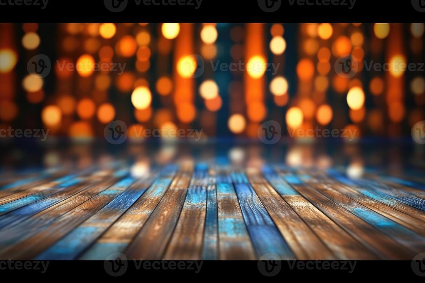 Photo of wooden empty floor with bokeh lights in the background. Christmas product promotion concept.