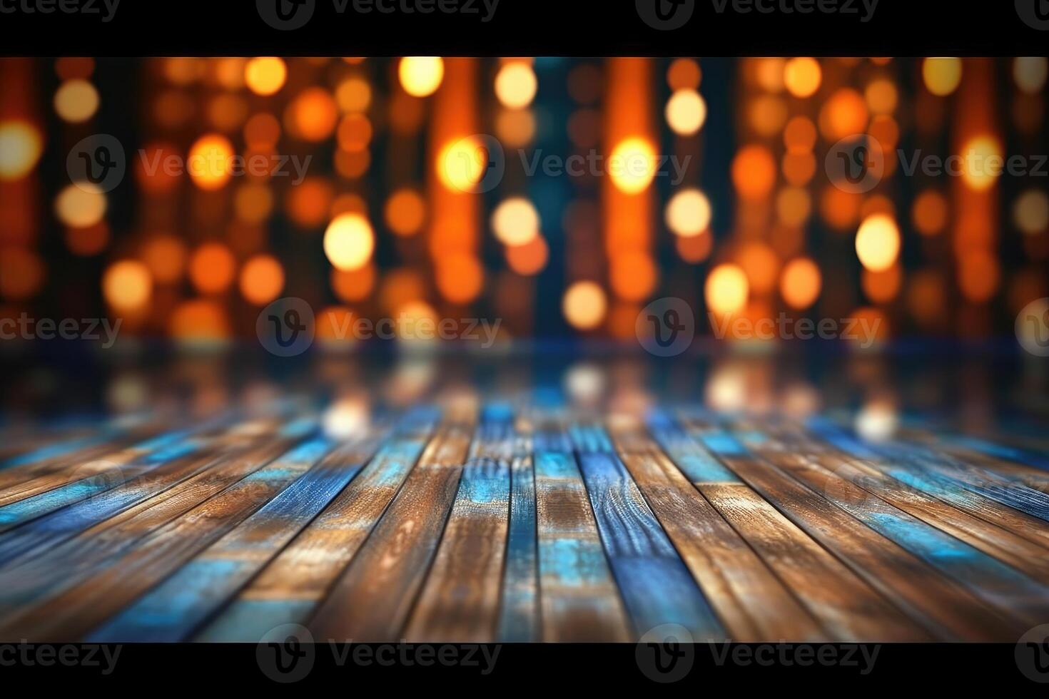 Photo of wooden empty floor with bokeh lights in the background. Christmas product promotion concept. Generative AI