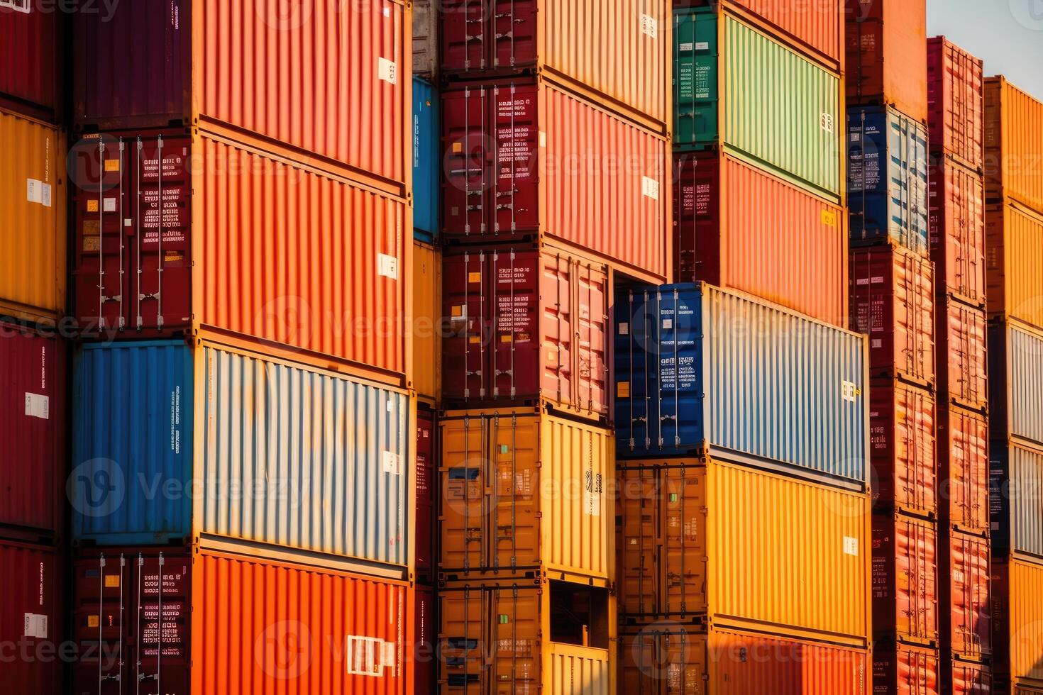 Close - up shot of a stack of shipping containers at a busy port, emphasizing the logistical aspect of cargo transportation. photo
