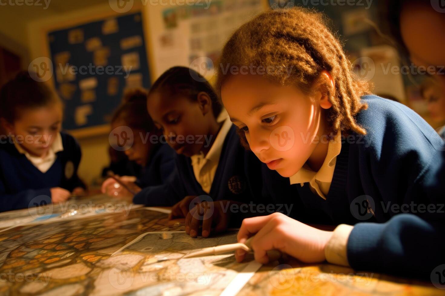 A candid shot of young students engaged in a group activity, such as painting or working on a puzzle. Generative AI photo