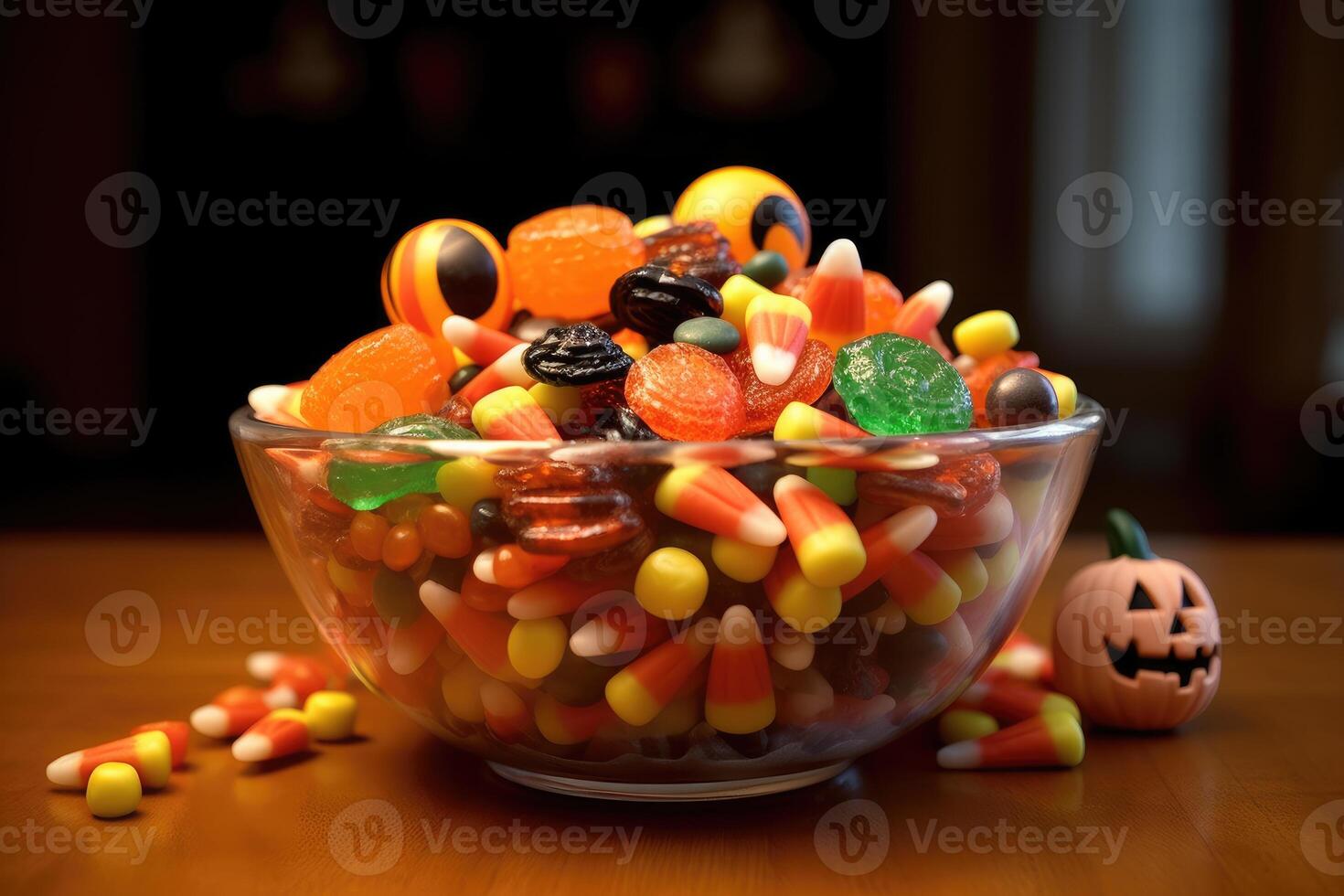 A close - up of a bowl filled with Halloween candies. Generative AI photo