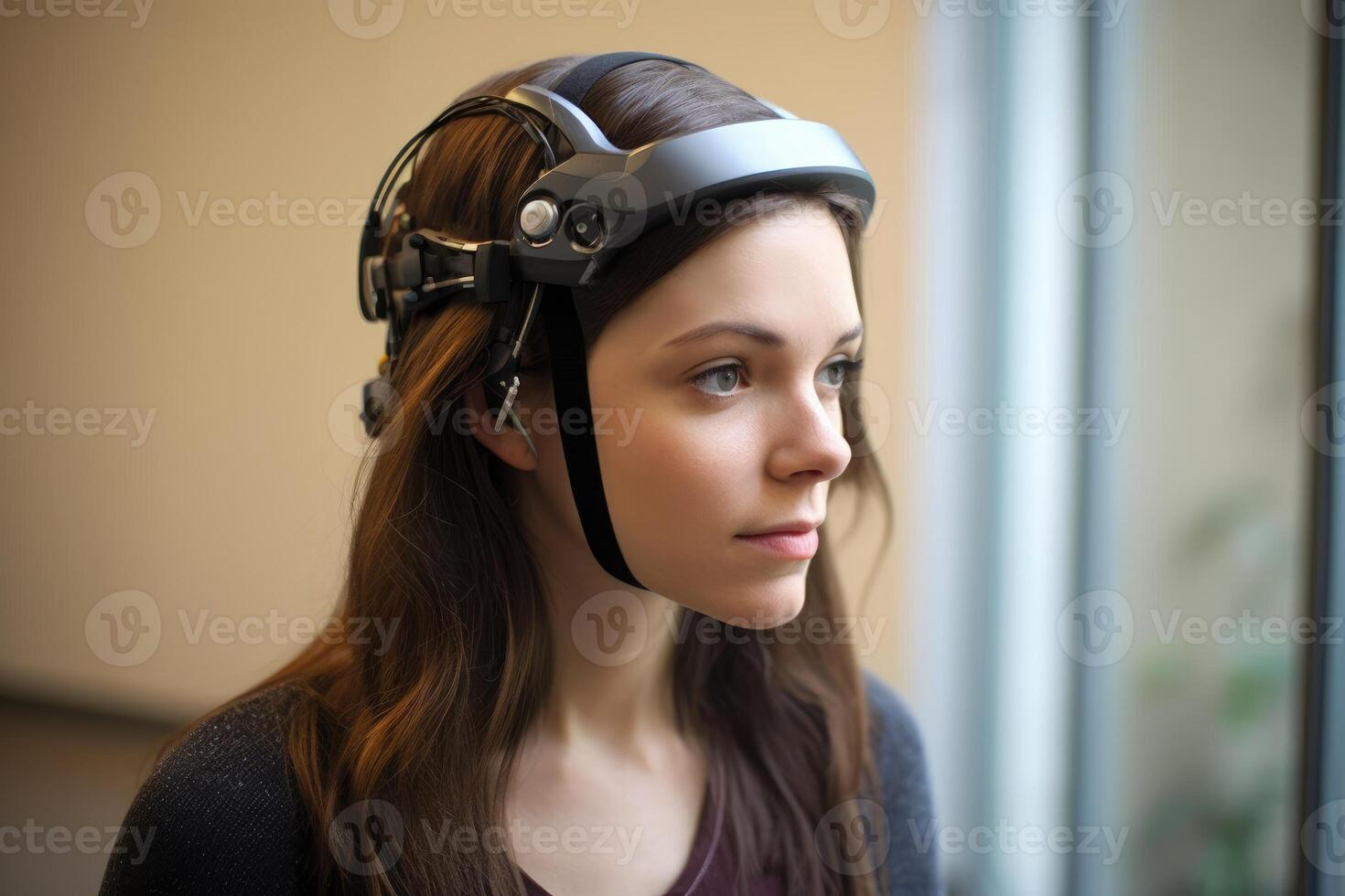 A photo of a person wearing an advanced wearable device that enhances their cognitive abilities, such as memory augmentation or real - time language translation.