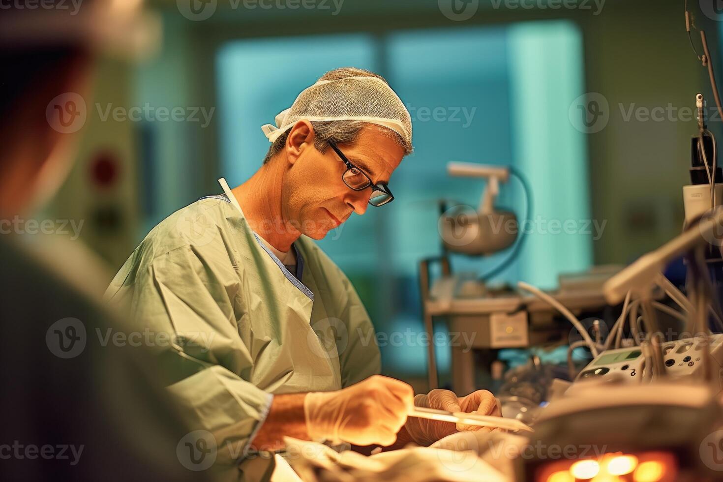 Photo of a male doctor performing surgery in an operating room. Generative AI