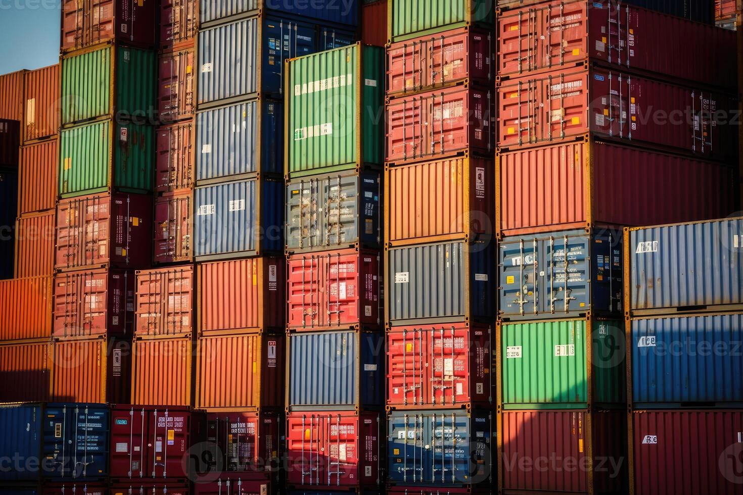 Close - up shot of a stack of shipping containers at a busy port, emphasizing the logistical aspect of cargo transportation. photo