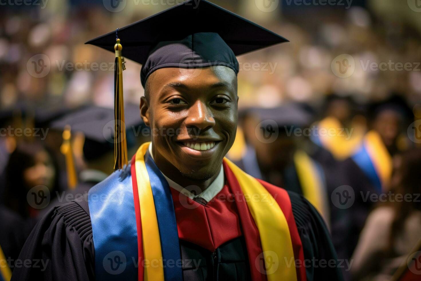 A close - up shot of a afro american man graduate holding their diploma with a proud smile on their face. Generative AI photo