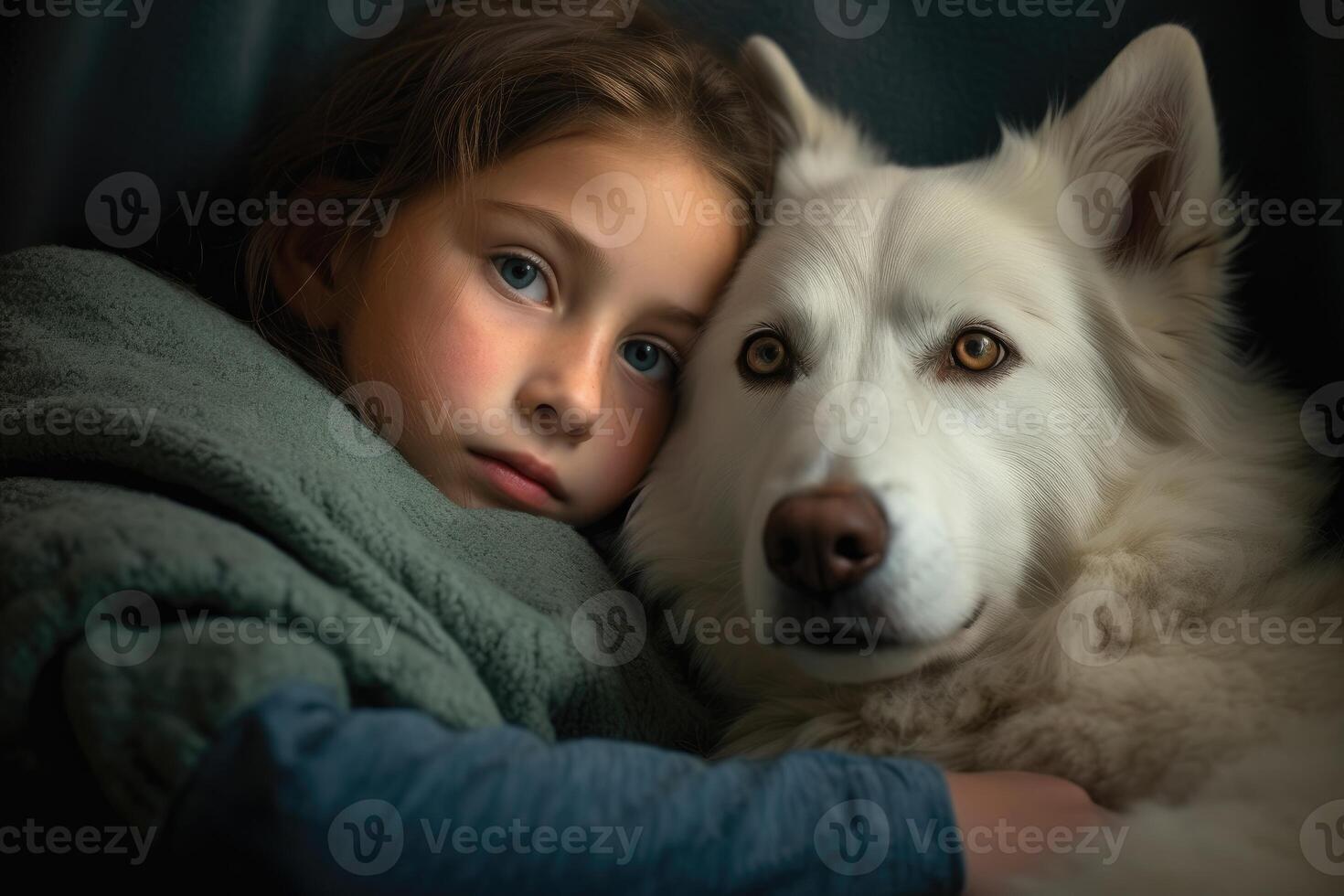 A photo of a child and their dog snuggled up together on a cozy couch.