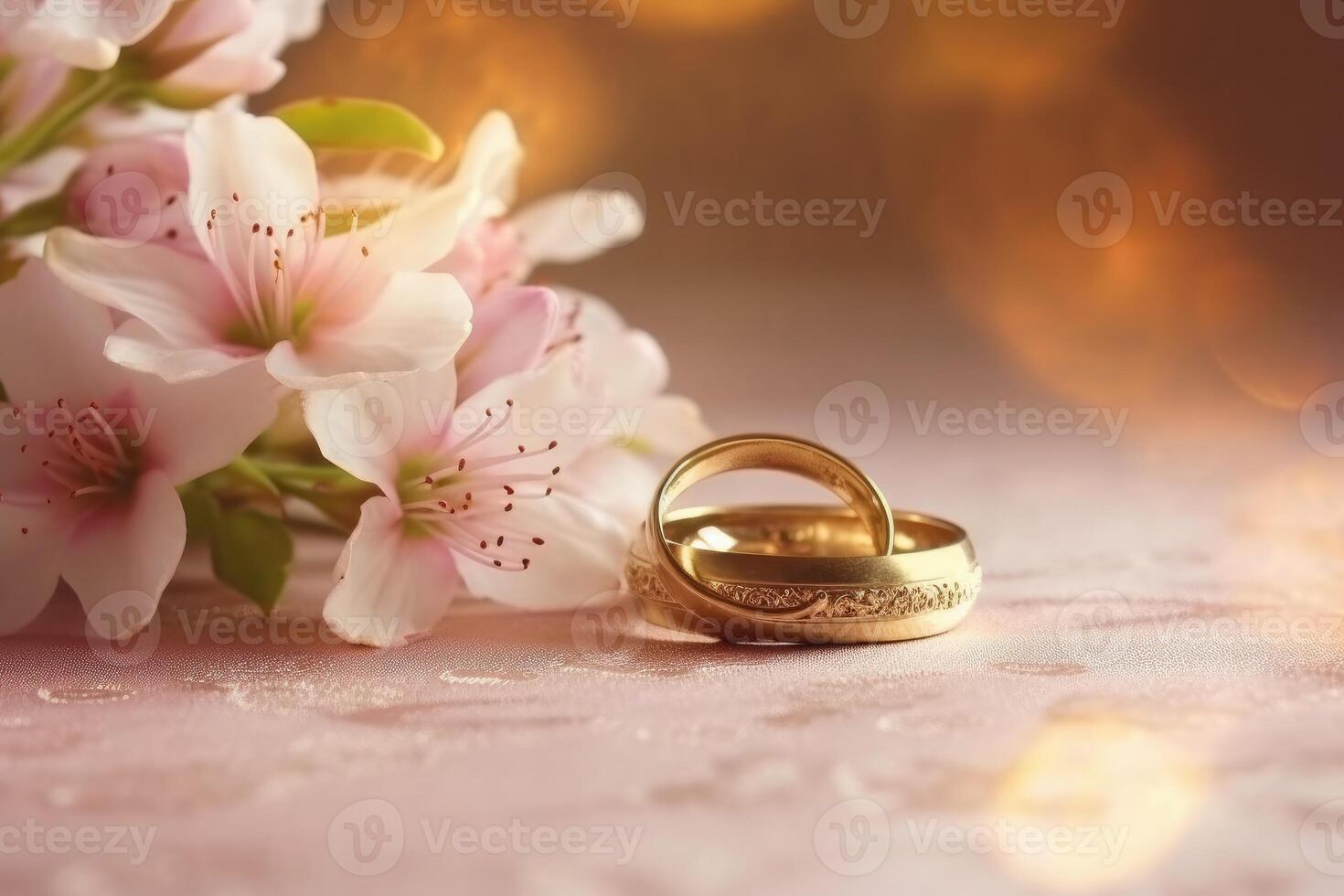 Flowers in the background and gold rings for engagement. Generative AI photo