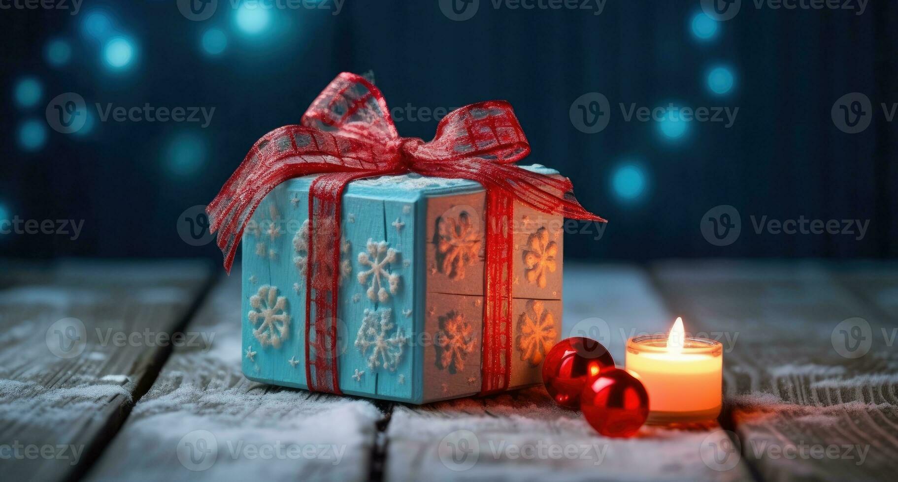 Christmas gift box on wooden table in front of bokeh effect background. Generative AI photo