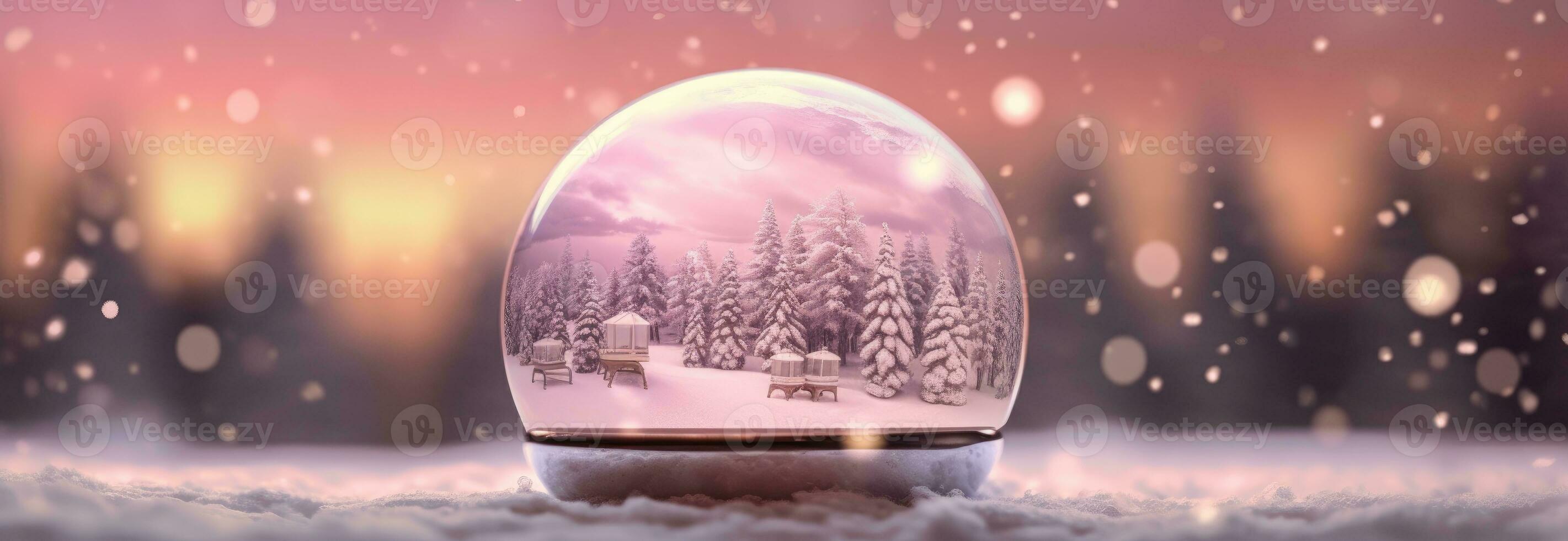 Snow globe decorated with christmas lights bokeh background. Generative AI photo