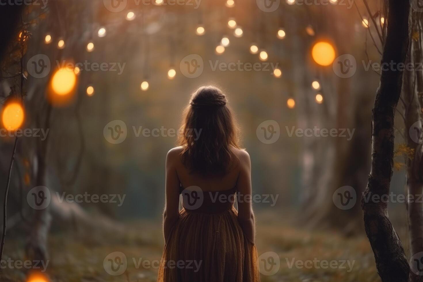 espalda ver foto de mujer caminando en misterioso bosque. generativo ai