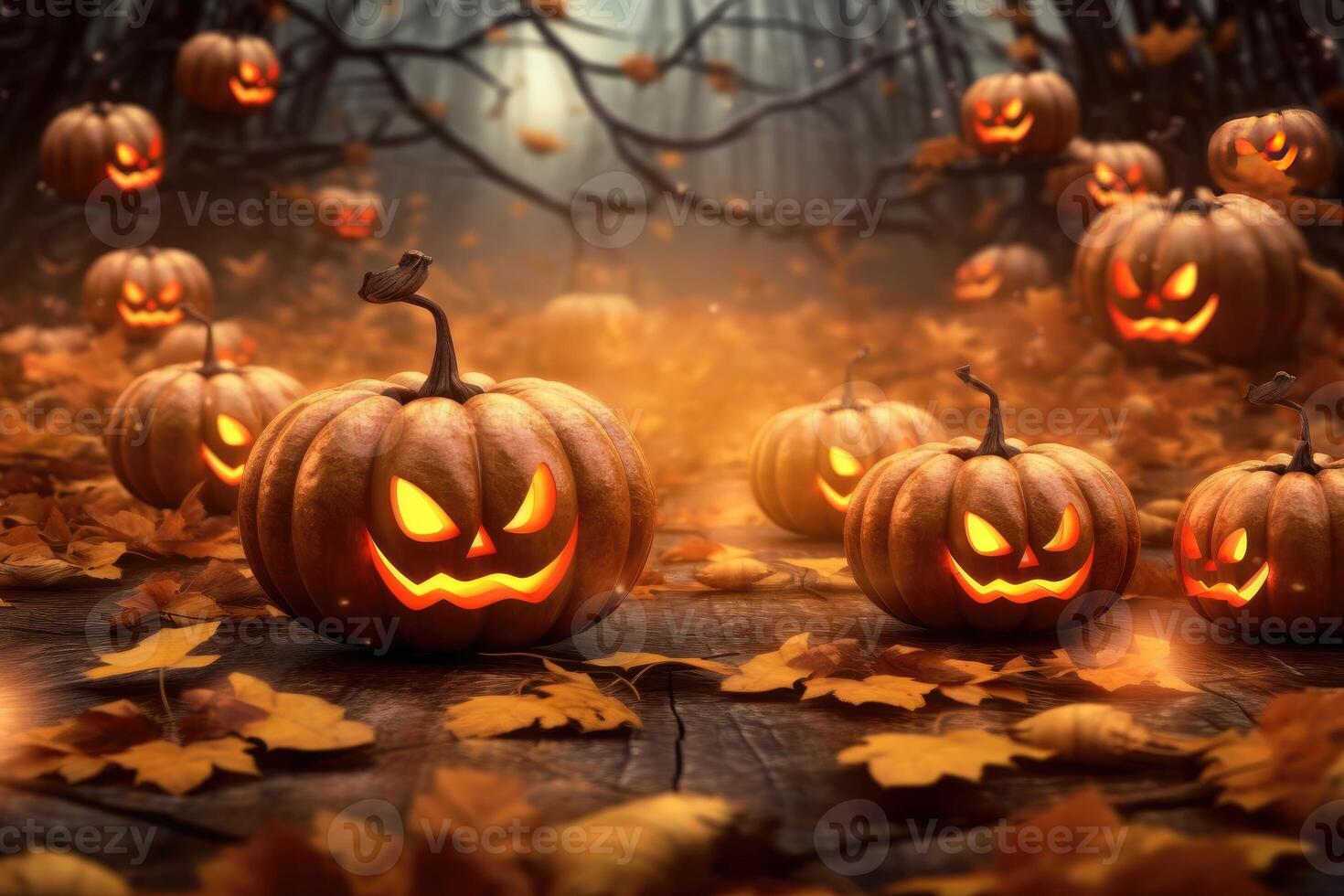 Halloween pumpkins and jack o lanterns on table with beautiful misty atmosphere, mysterious backdrop. Generative AI photo