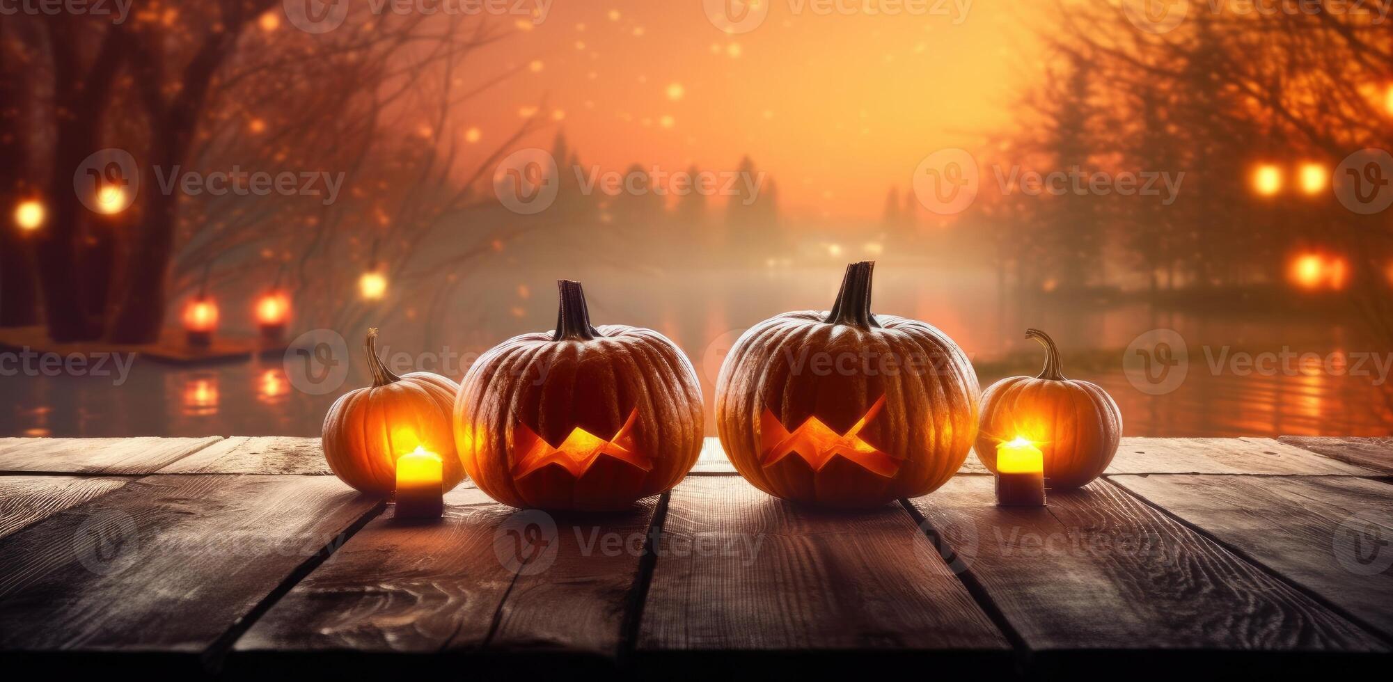 Halloween pumpkins and jack o lanterns on table with beautiful misty atmosphere, mysterious backdrop. Generative AI photo