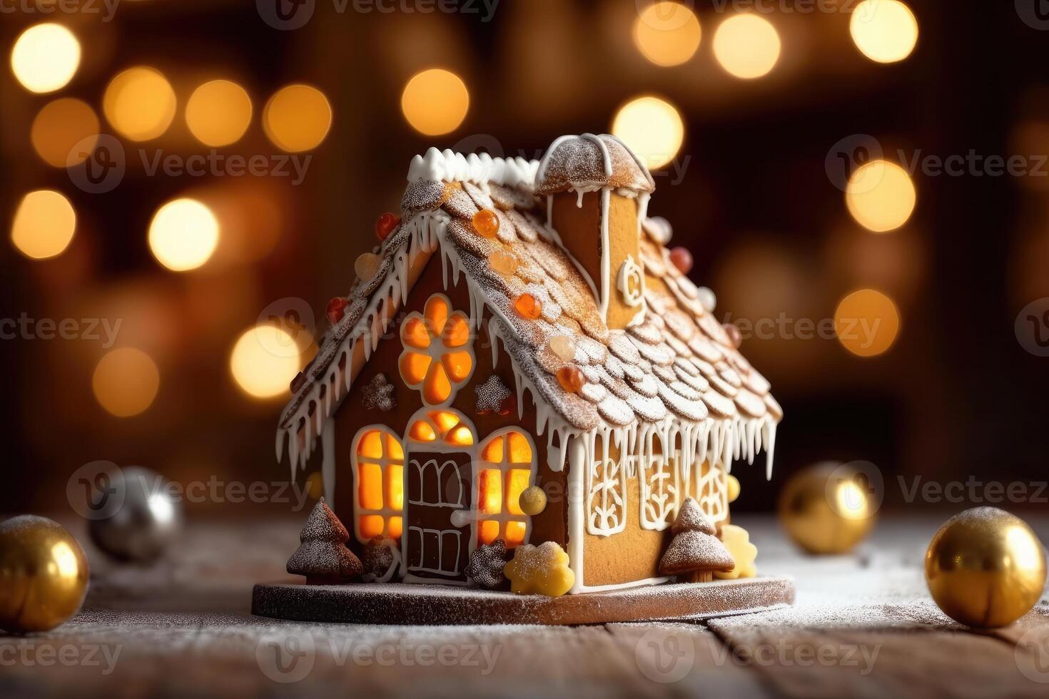 Decorated with gingerbread and a house on top Christmas cake. Background bokeh effect, candles, tree and ornaments. photo