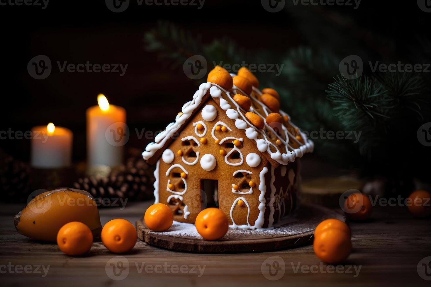 Decorated with gingerbread and a house on top Christmas cake. Background bokeh effect, candles, tree and ornaments. photo