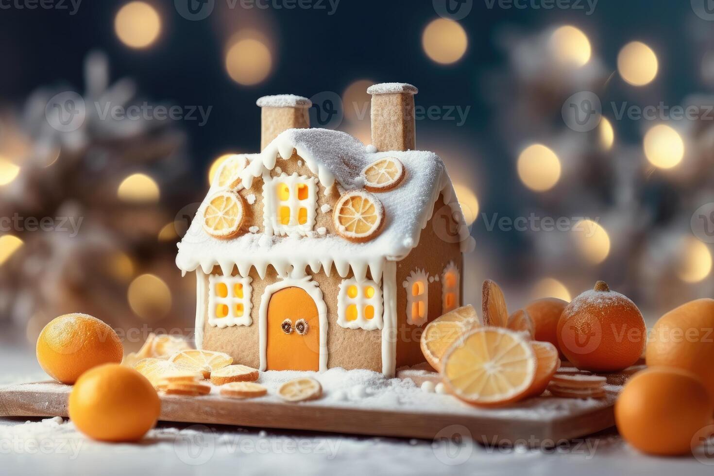 Decorated with gingerbread and a house on top Christmas cake. Background bokeh effect, candles, tree and ornaments. photo