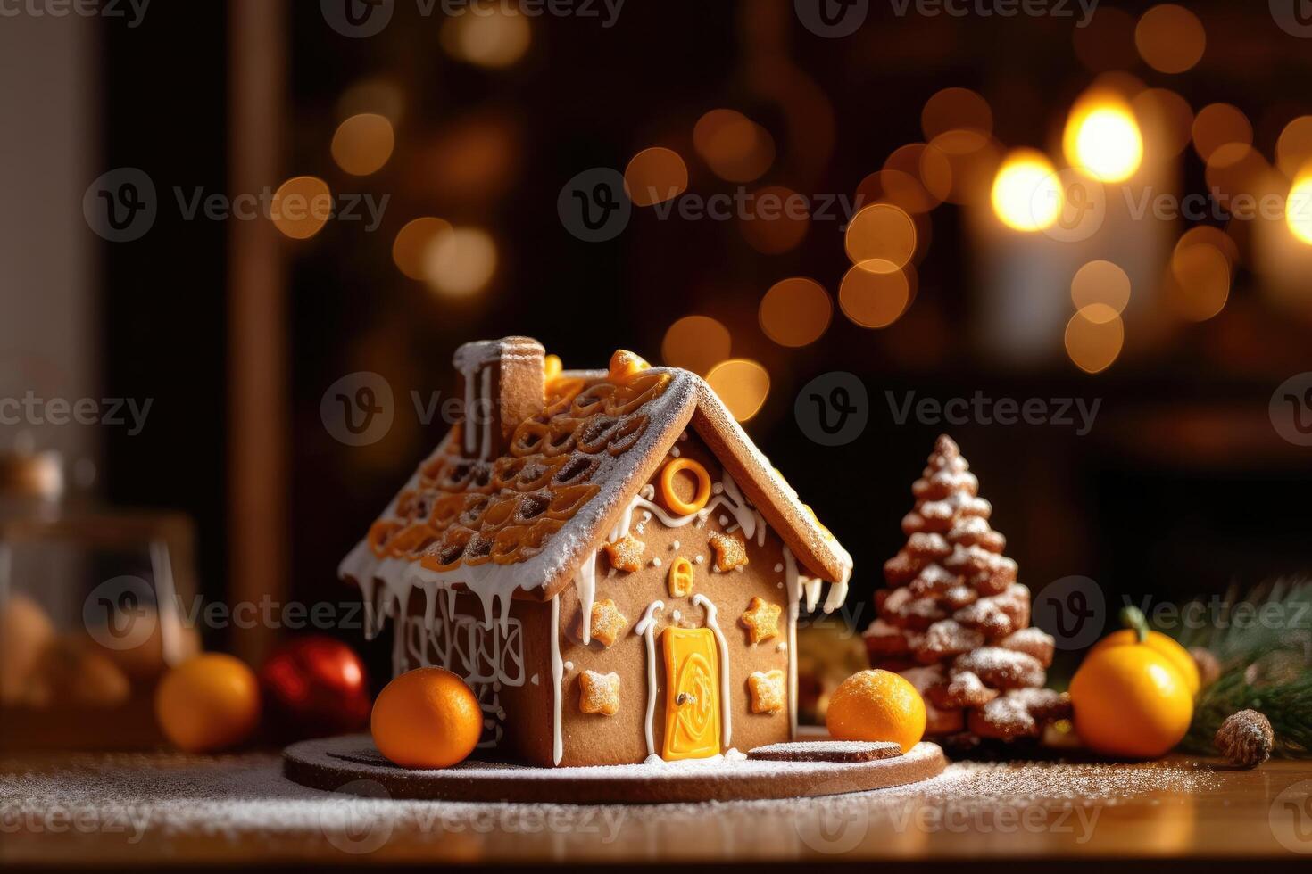 Decorated with gingerbread and a house on top Christmas cake. Background bokeh effect, candles, tree and ornaments. photo
