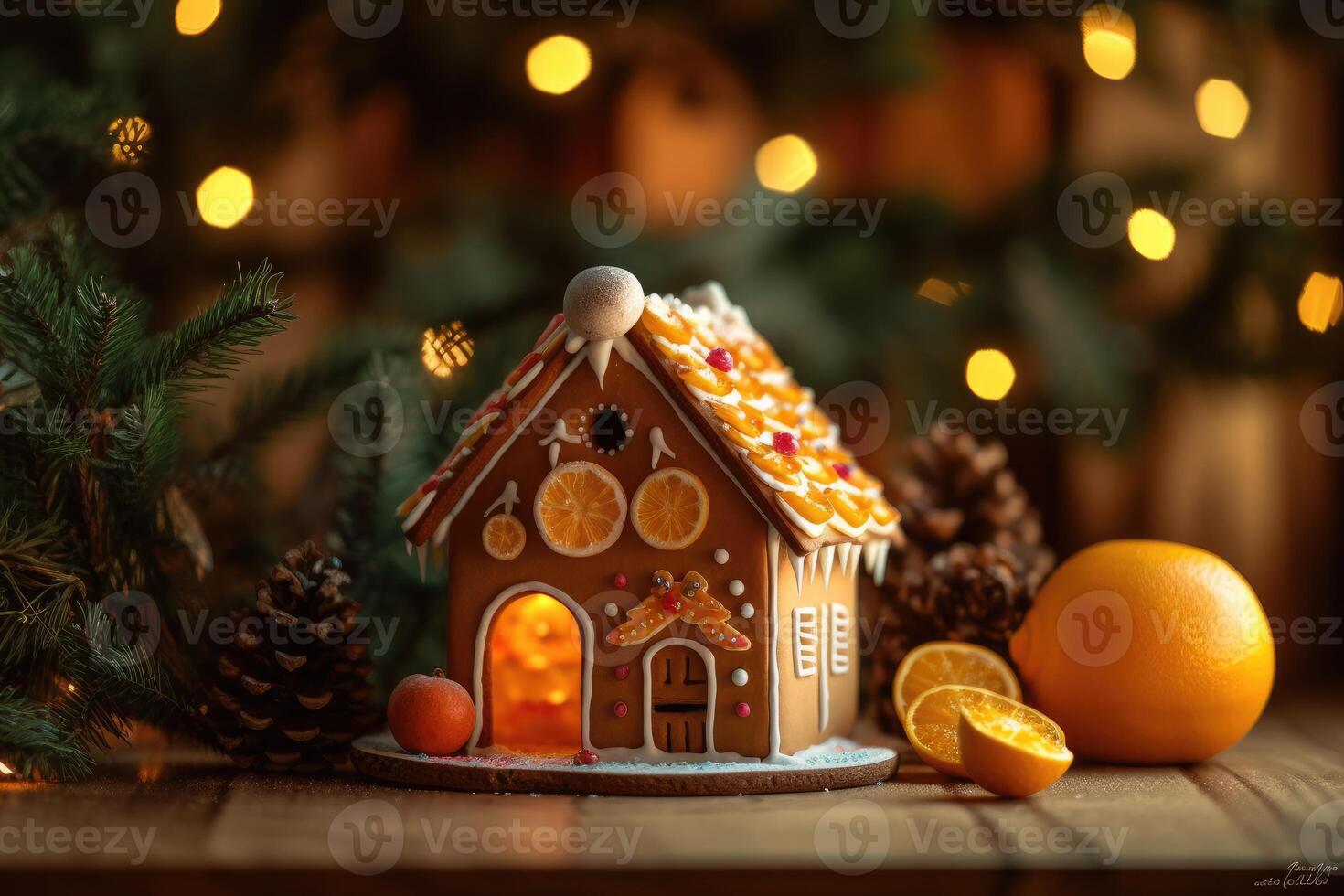 Decorated with gingerbread and a house on top Christmas cake. Background bokeh effect, candles, tree and ornaments. photo