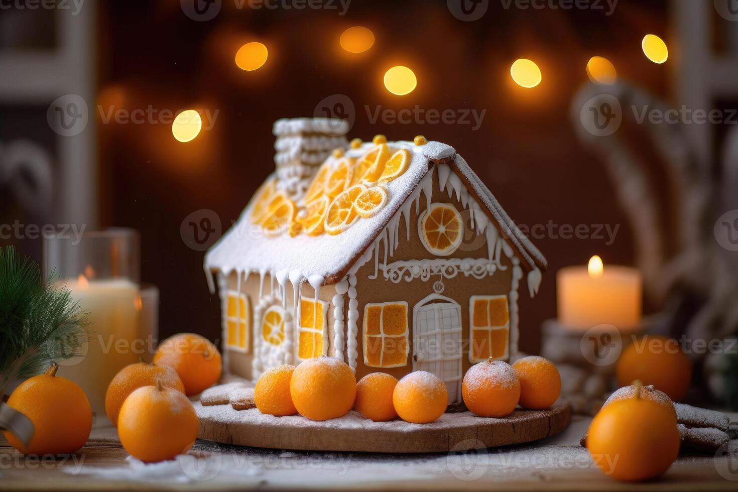 Decorated with gingerbread and a house on top Christmas cake. Background bokeh effect, candles, tree and ornaments. photo