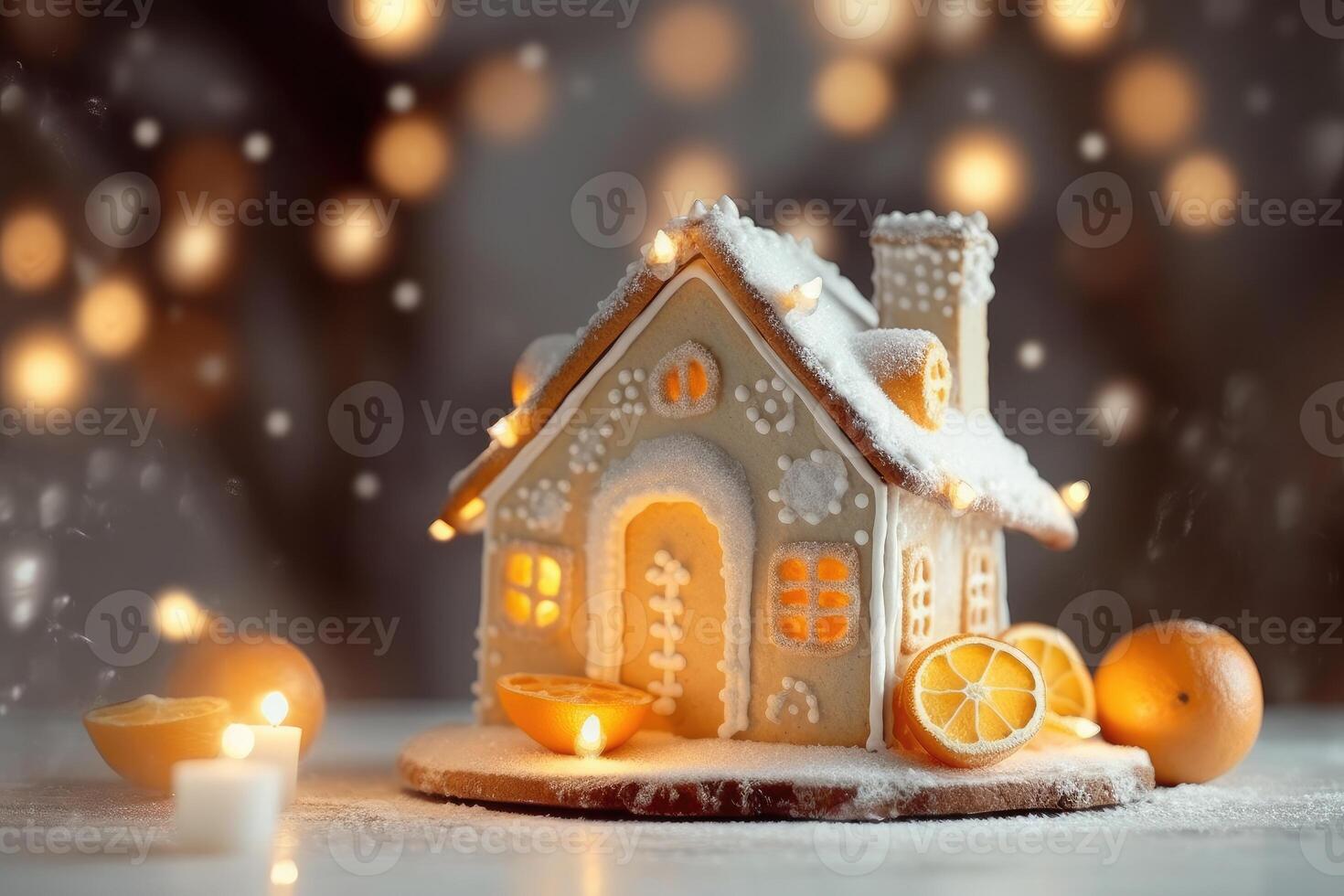 Decorated with gingerbread and a house on top Christmas cake. Background bokeh effect, candles, tree and ornaments. photo