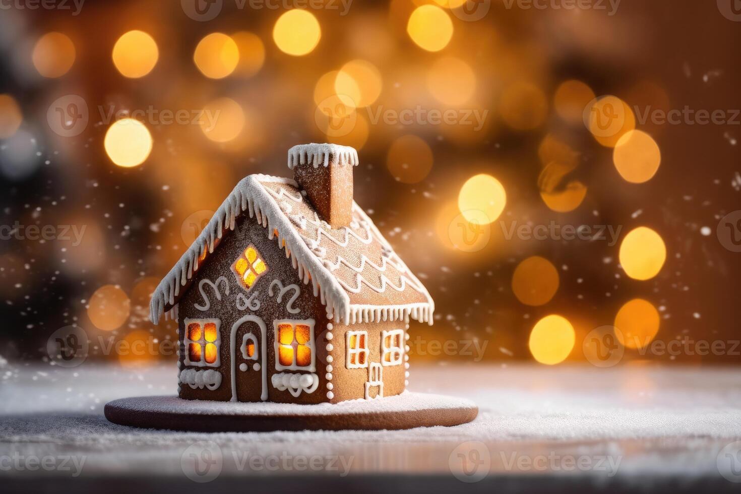 Decorated with gingerbread and a house on top Christmas cake. Background bokeh effect, candles, tree and ornaments. photo