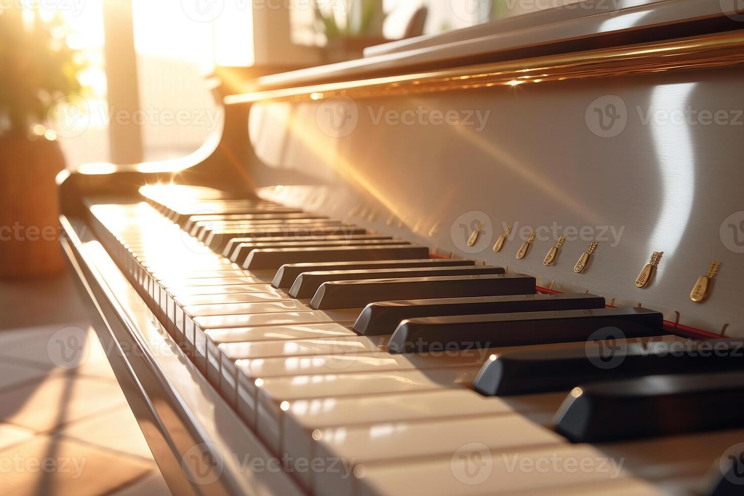 Photo of a piano reflected in the sun's rays.