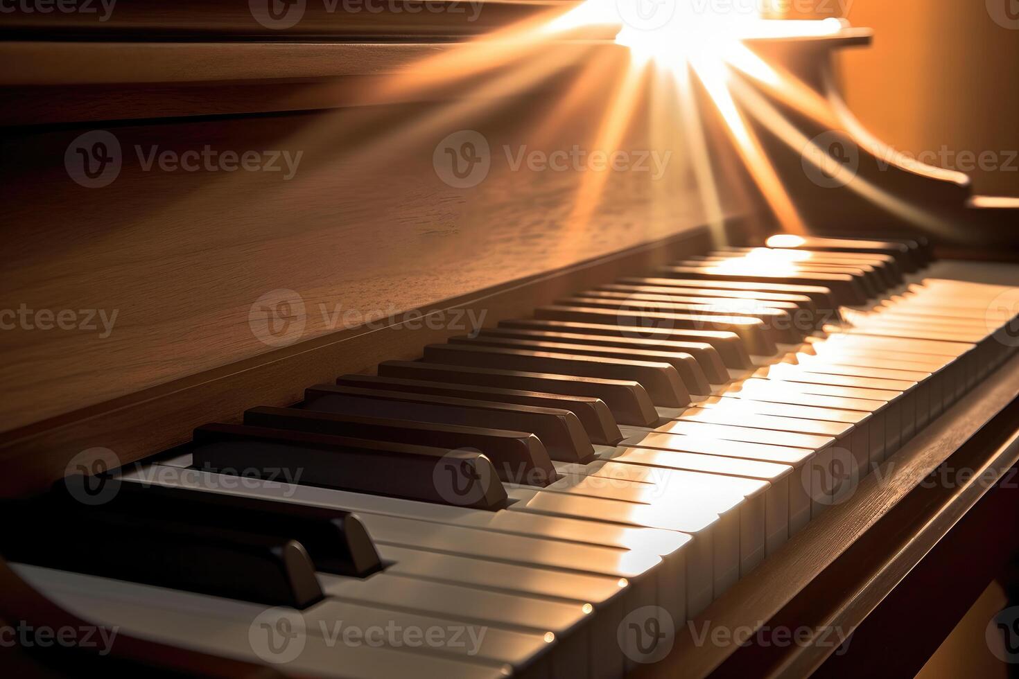 Photo of a piano reflected in the sun's rays.