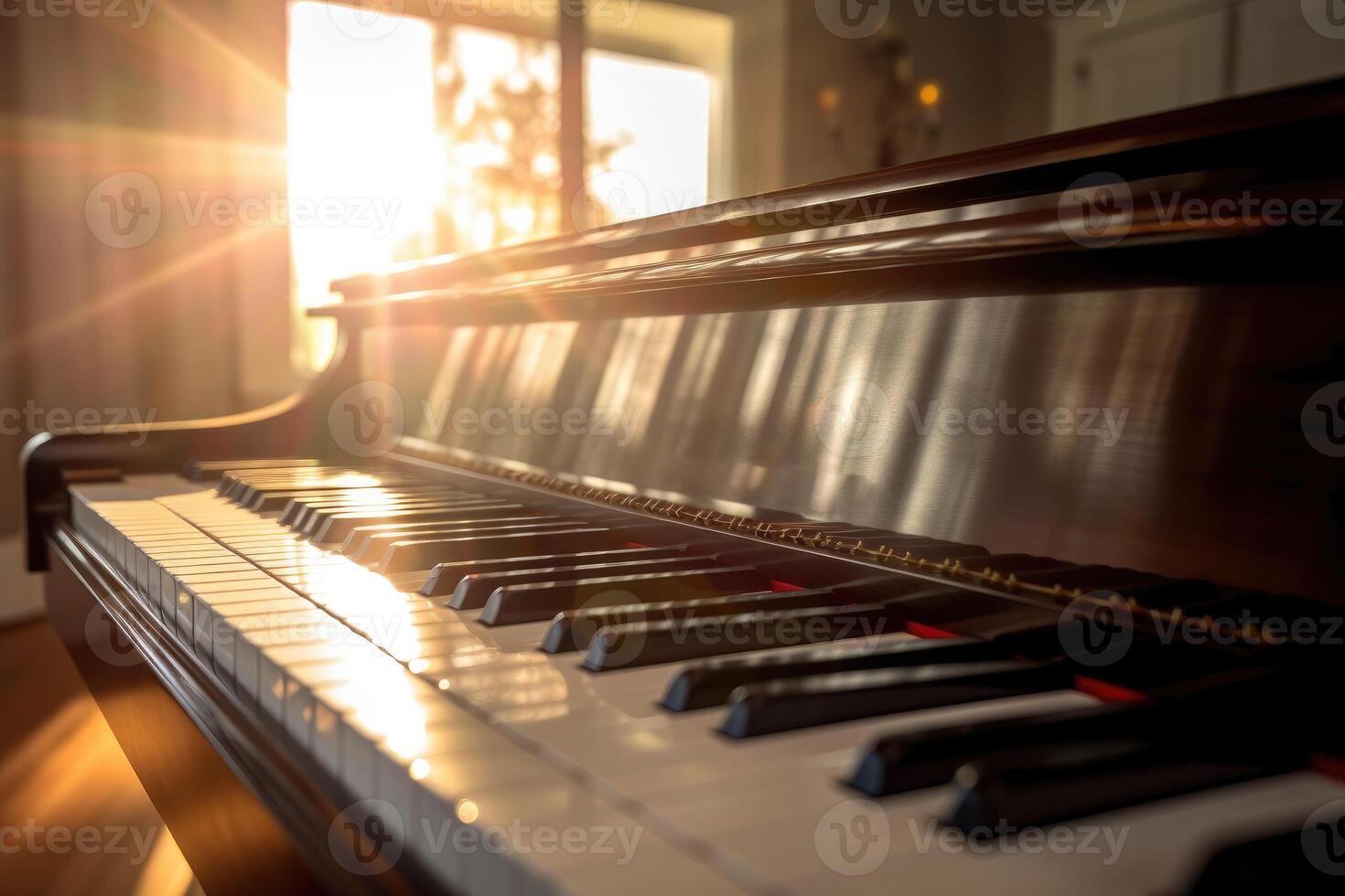 Photo of a piano reflected in the sun's rays.