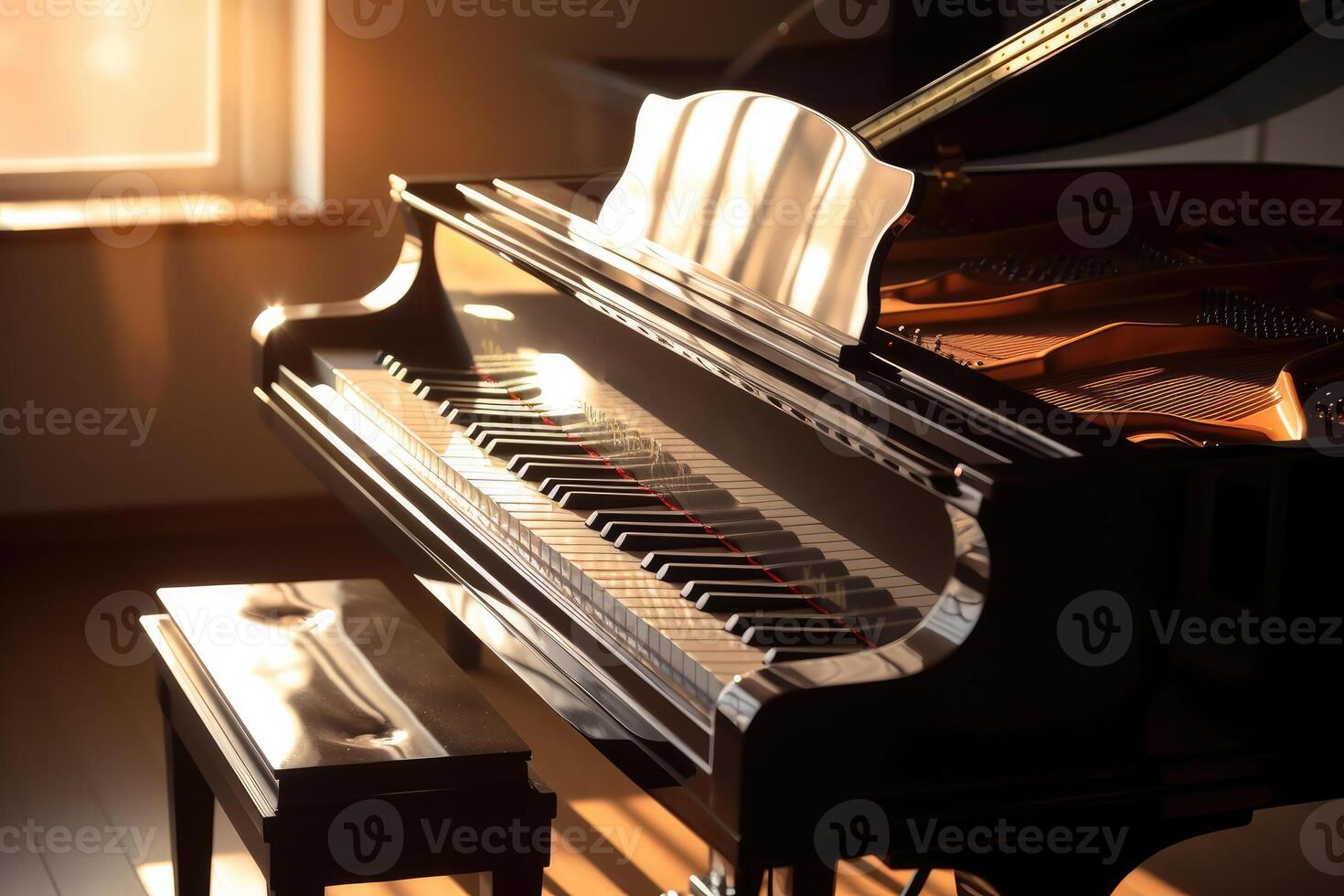 Photo of a piano reflected in the sun's rays.