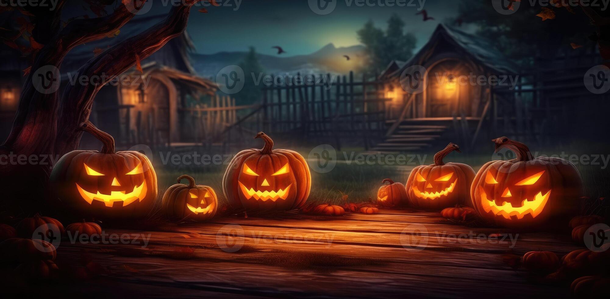 Halloween pumpkins and jack o lanterns on table with beautiful misty atmosphere, mysterious backdrop. Generative AI photo