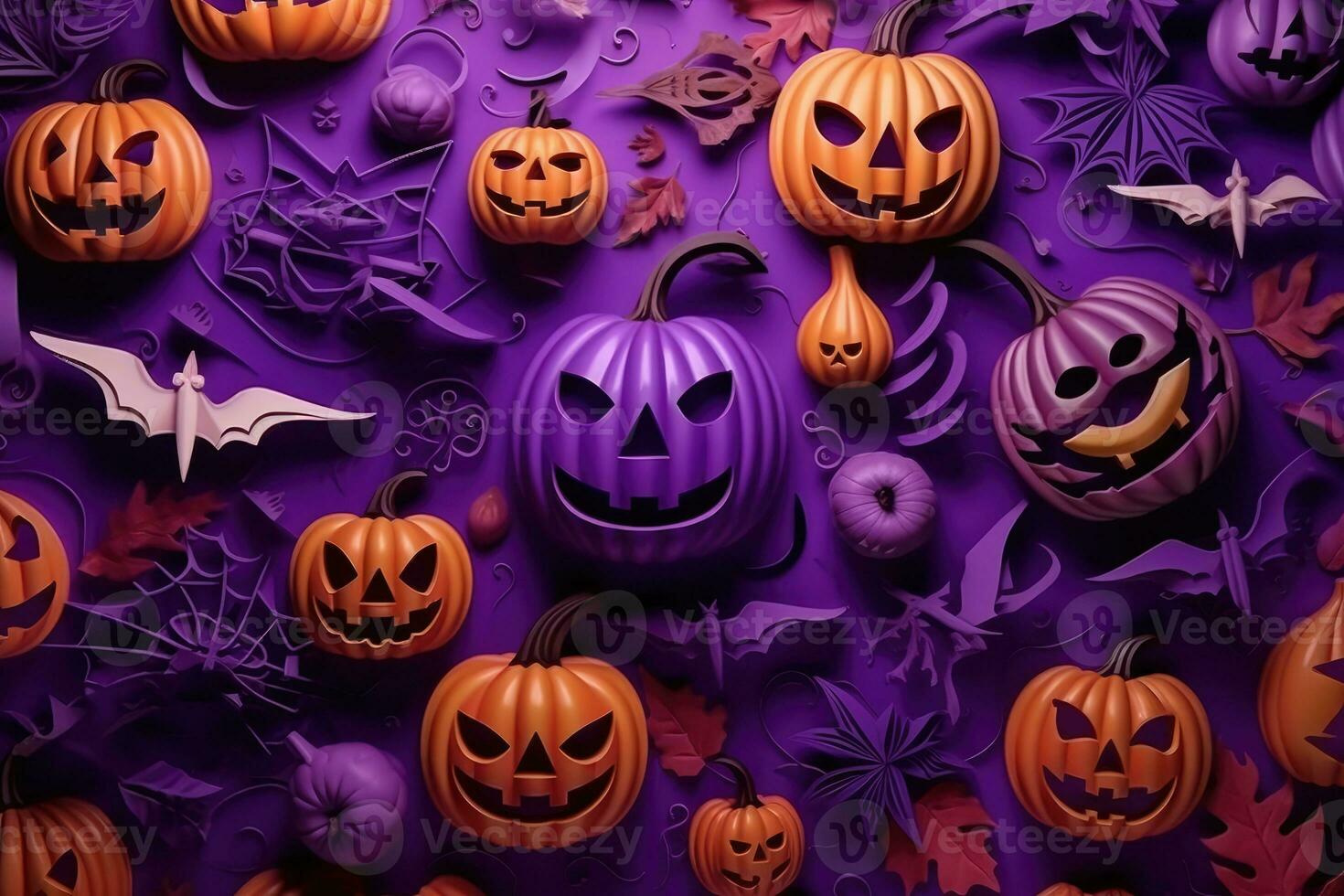 Top view Skulls, pumpkins and horror elements on purple background for holiday Halloween. Generative AI photo