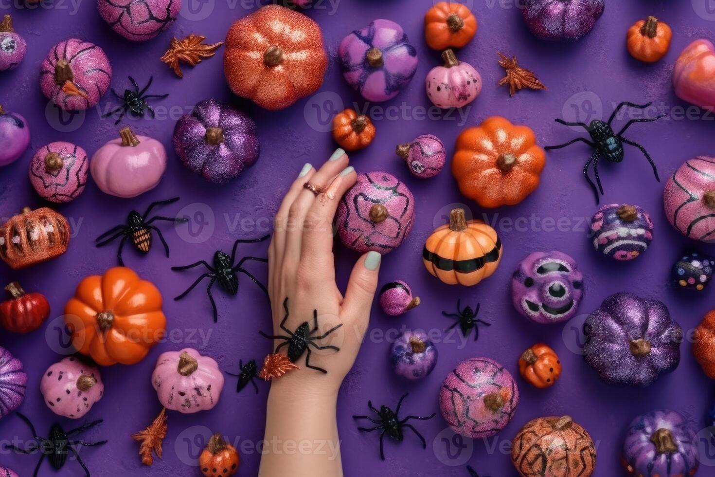 Top view Skulls, pumpkins and horror elements on purple background for holiday Halloween. photo