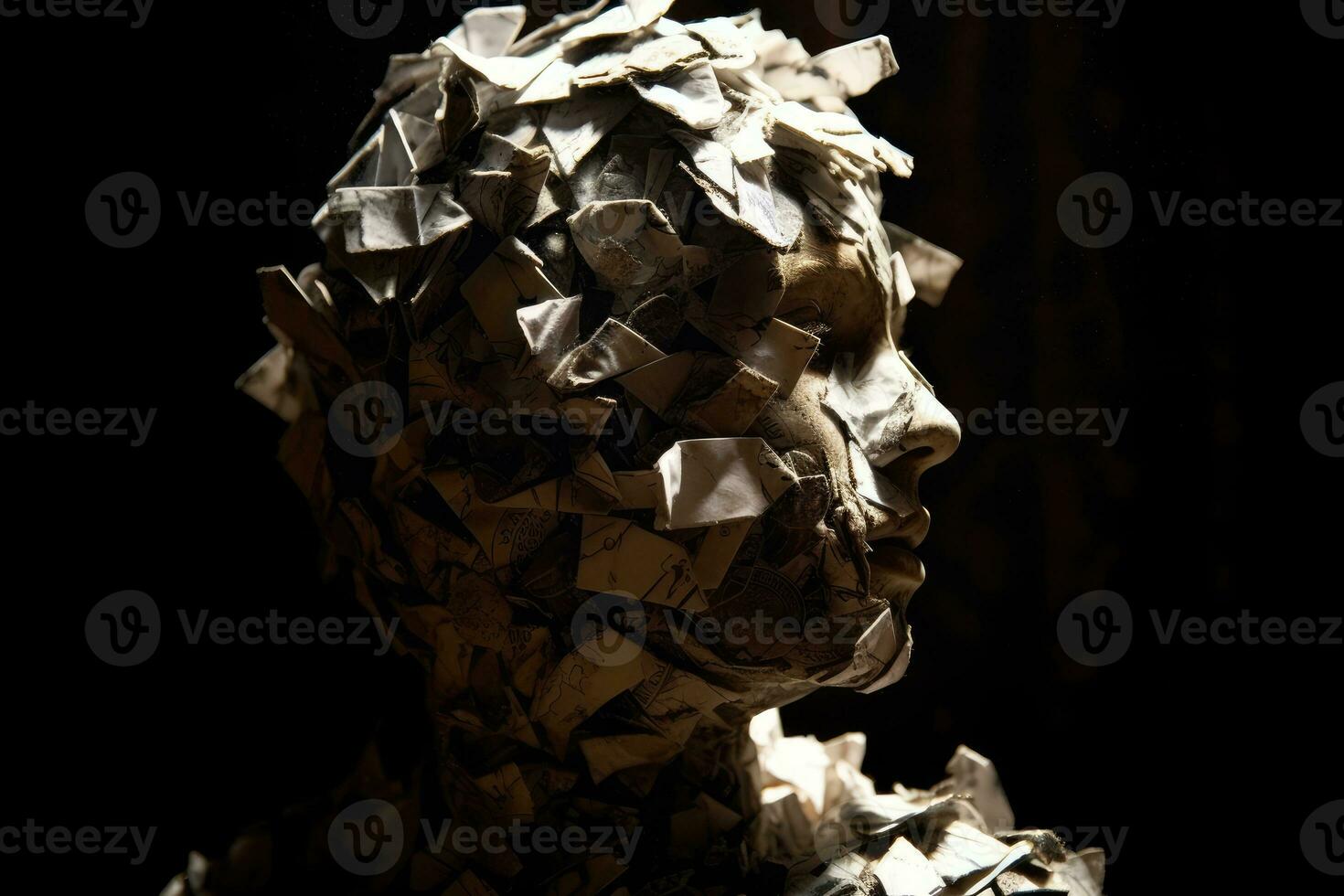 A silhouette of a head, half filled with crumpled waste paper, the other half spilling onto the reflective surface below. A photograph depicting the feeling of anxiety. Generative AI photo