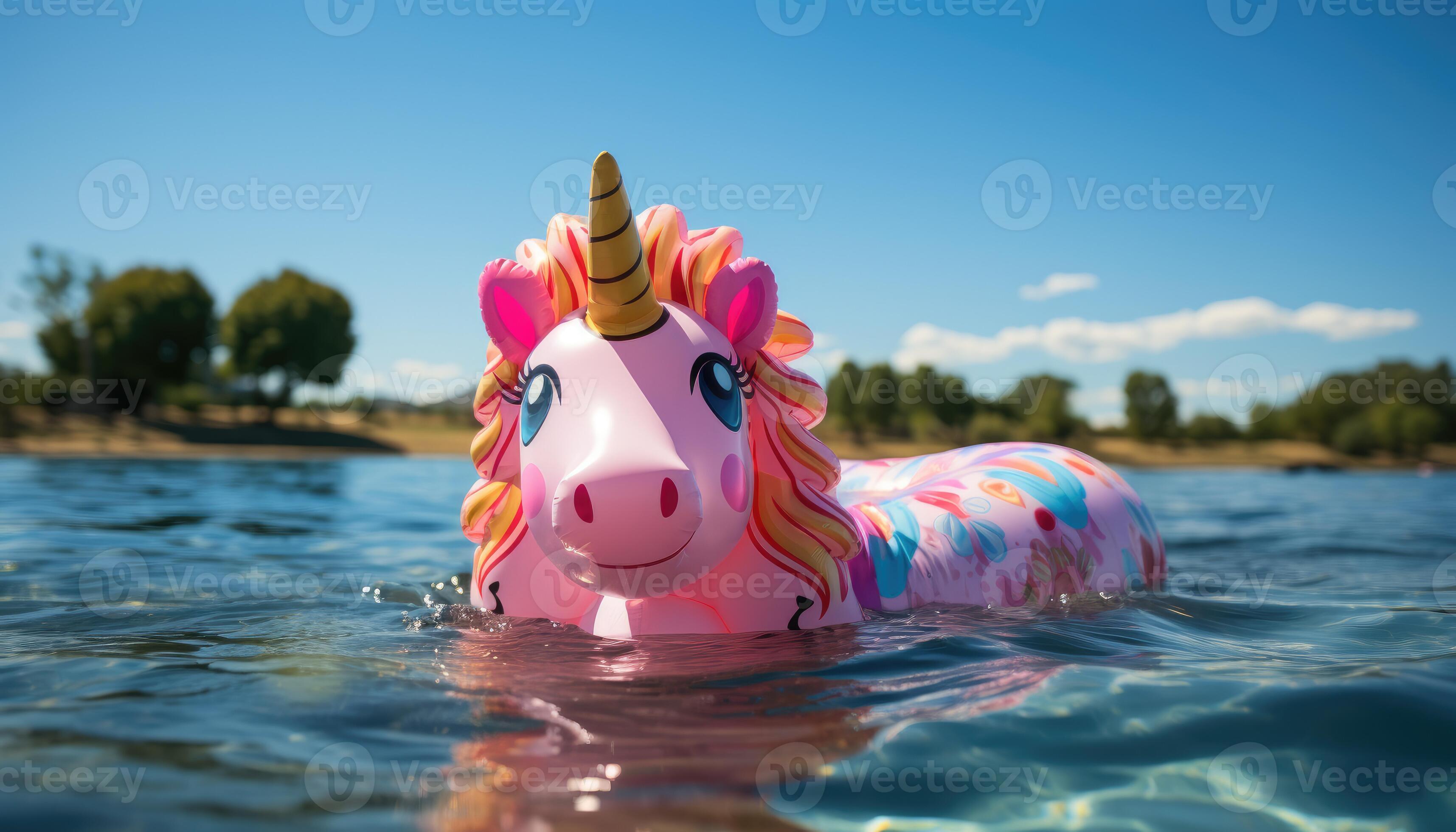 Summer Fun Colorful Inflatable Unicorn Floating on Turquoise Pool