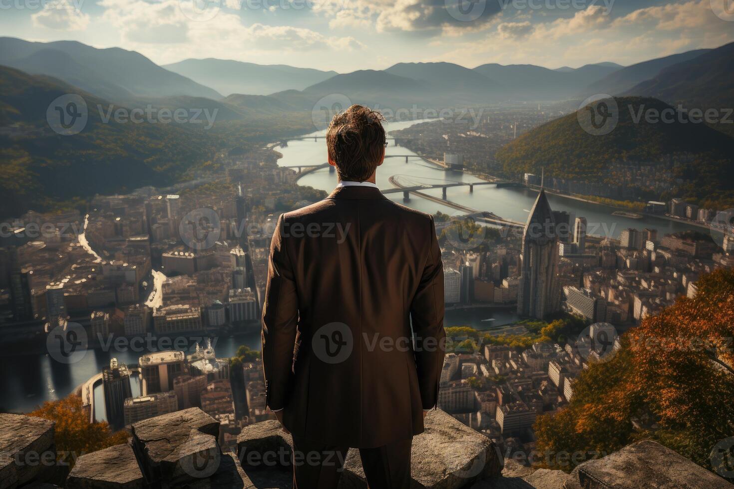 A businessman standing alone on the rooftop of a skyscraper, his back turned to the camera as he overlooks the city. photo