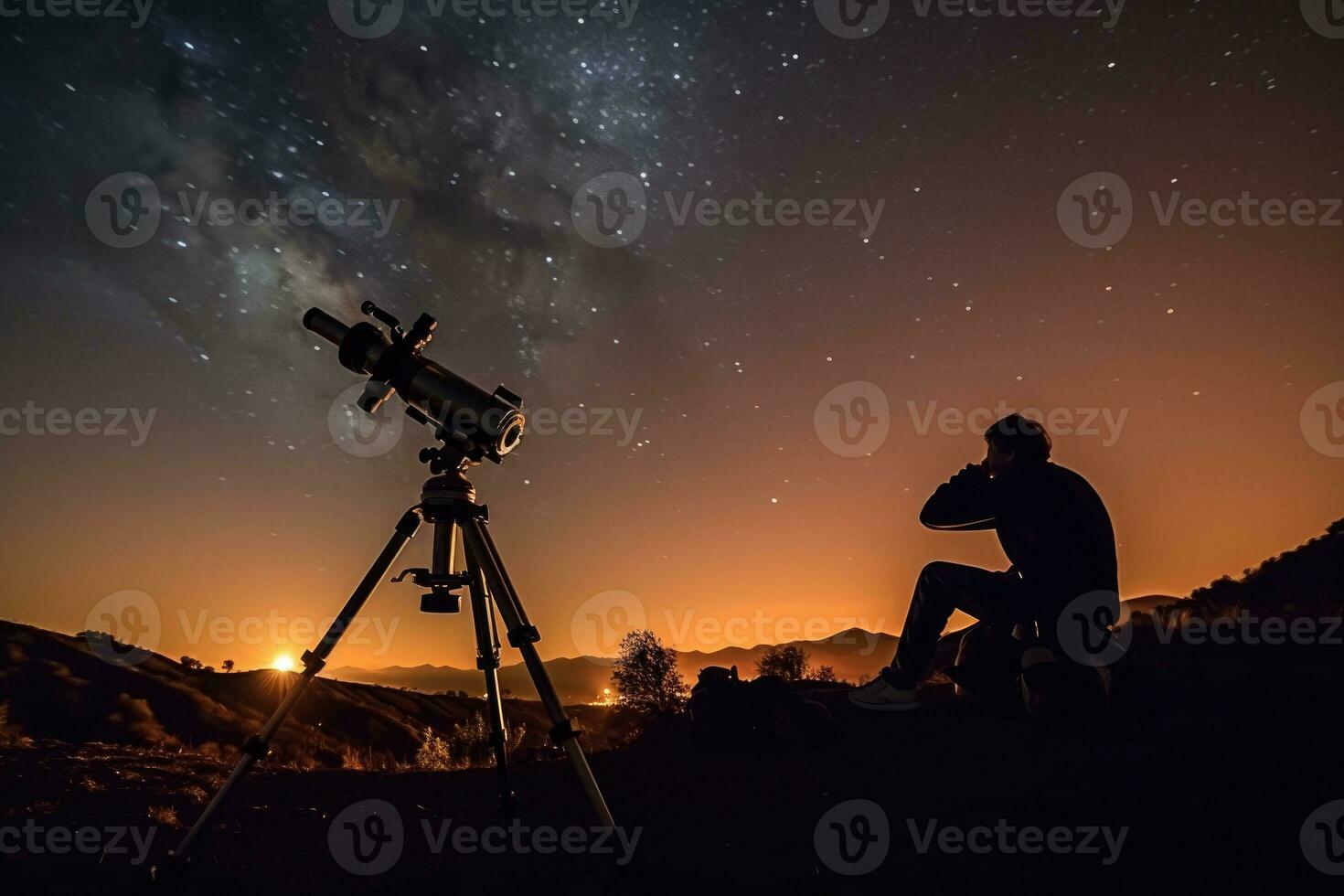 A stargazer perches on a hill, his telescope pointed towards the night sky's celestial bodies. Generative AI photo