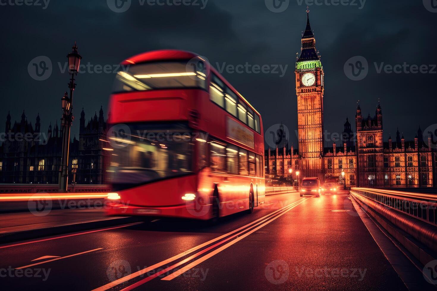 Close - up shot, charm of London at night as a red double - decker bus gracefully crosses. photo