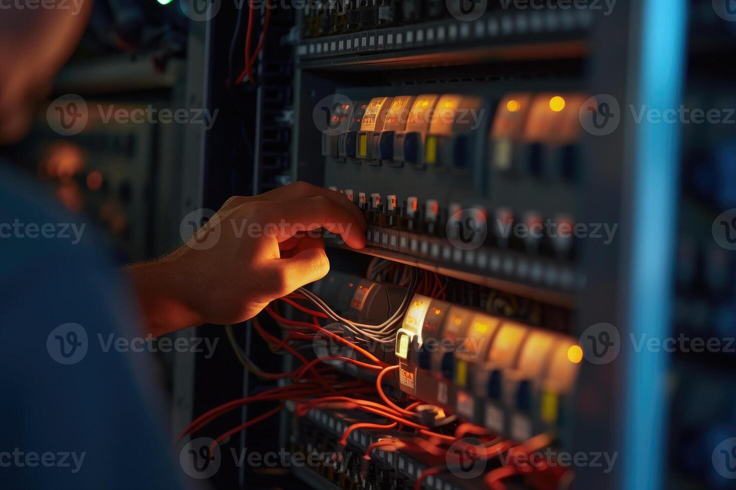 An engineer repairs a control panel with complex electrical wiring. photo