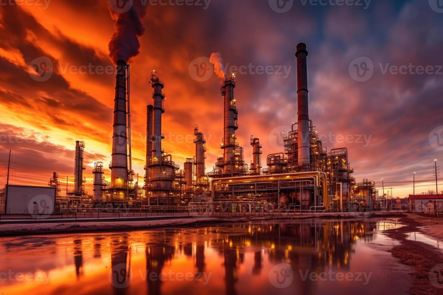 el industrial paisaje de un petróleo refinería planta en el petroquímico industria. generativo ai foto