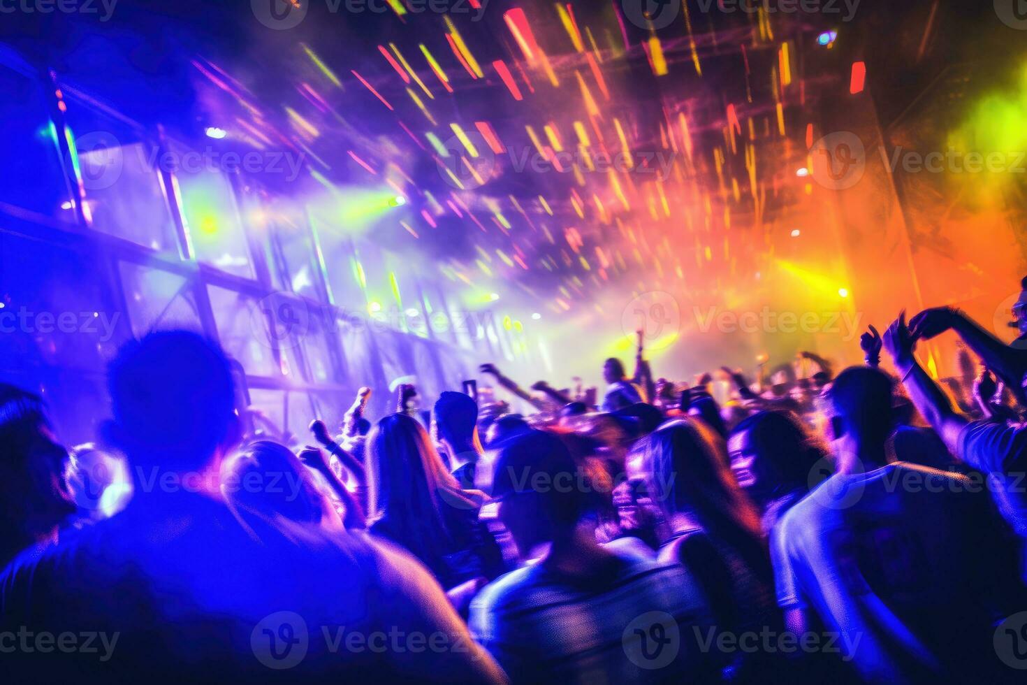 The vibrant energy of a crowded nightclub with colorful lights and pulsating music. Motion blur, highlighting the dynamic dance moves of the beautiful girls and guys. Generative AI photo