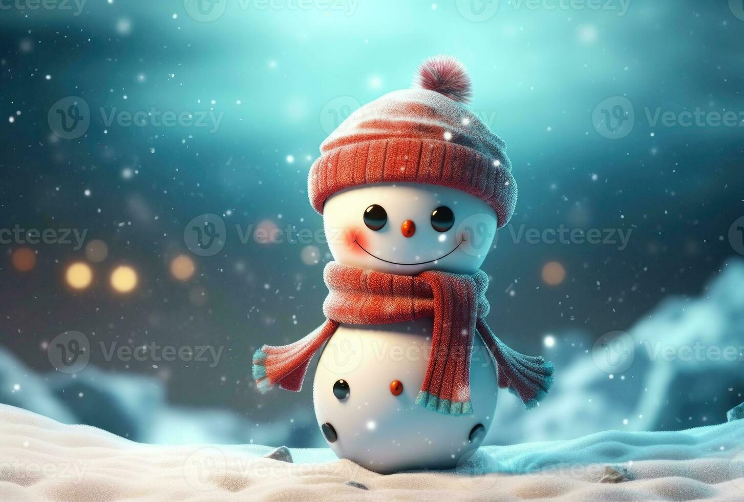 Snowman in the snow, in front of glowing lights and bokeh effect in the background. Christmas Concept. Generative AI photo
