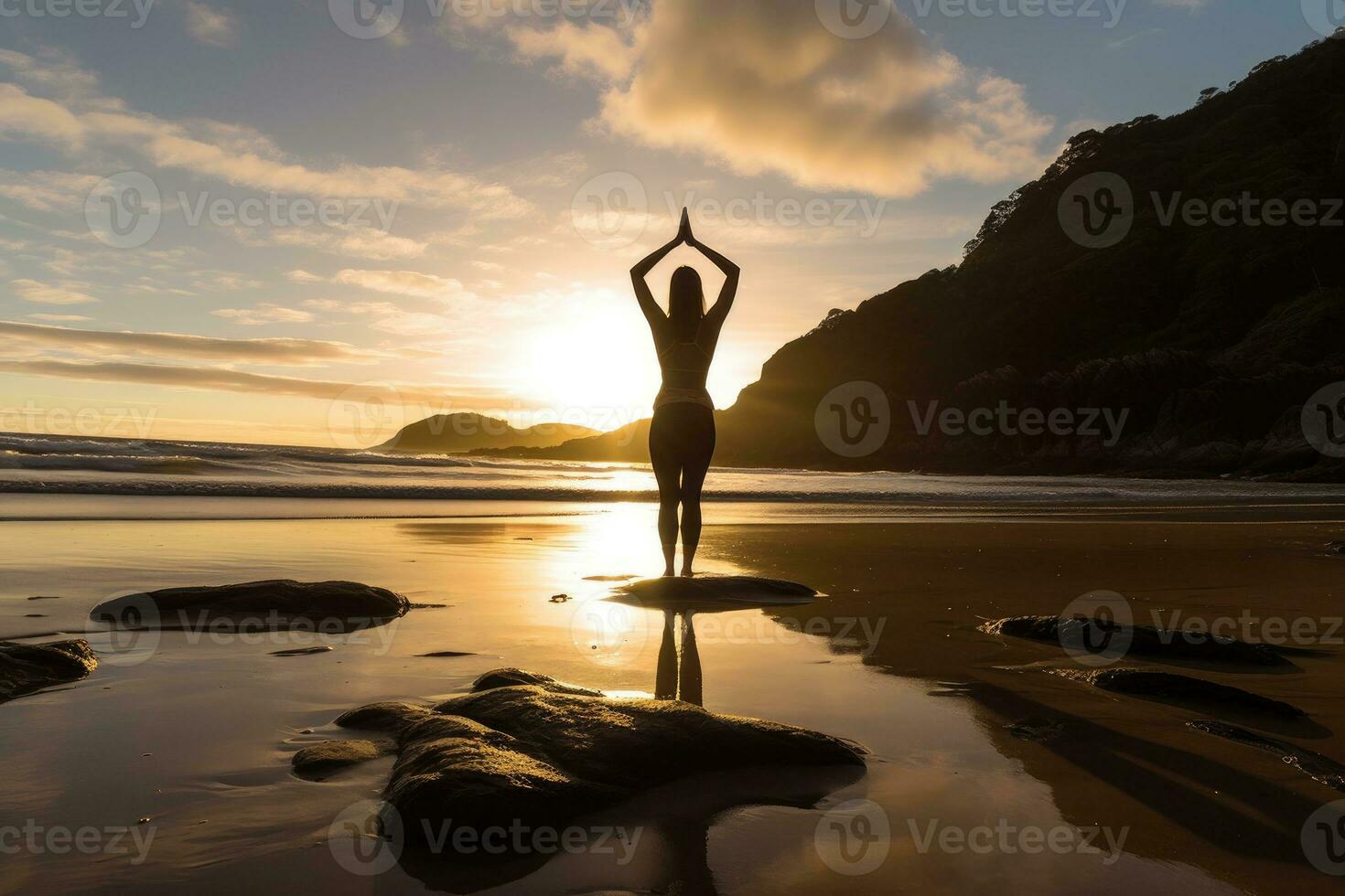 woman meditating on the beach at sunset. AI generative 24173136