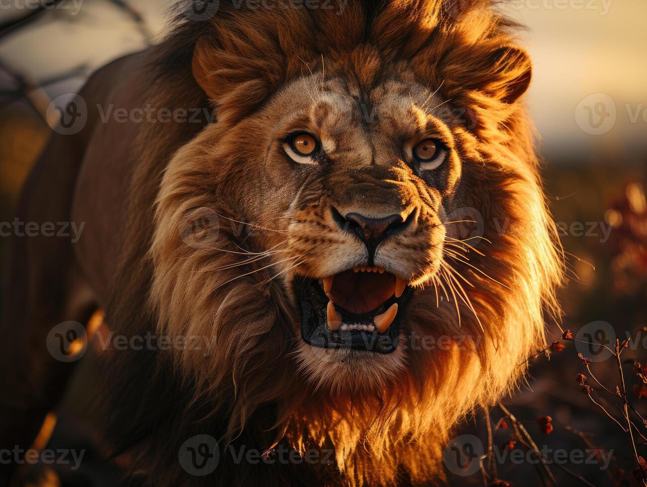 A stunning shot of a roaring lion during sunset in the African savanna.  Generative AI photo