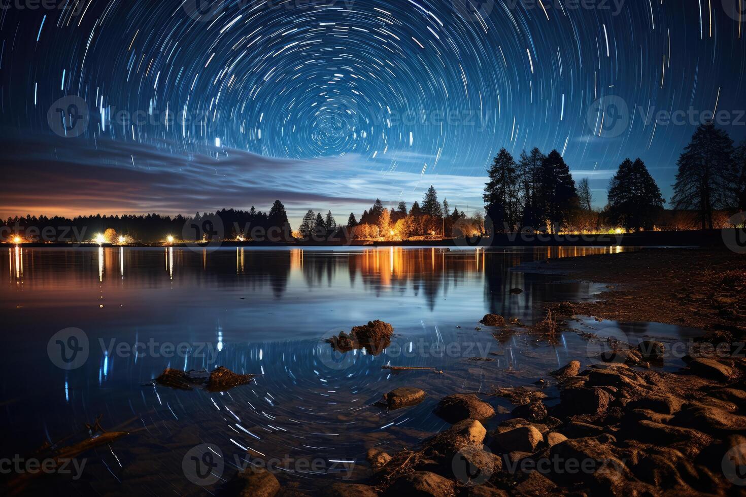 Long exposure shot of a starry night sky over a tranquil lake, the stars' trails. photo