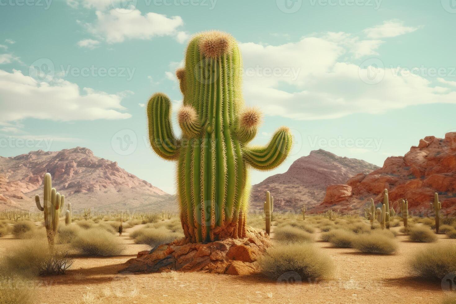 Photo of cactus tree in the middle of the desert. Generative AI