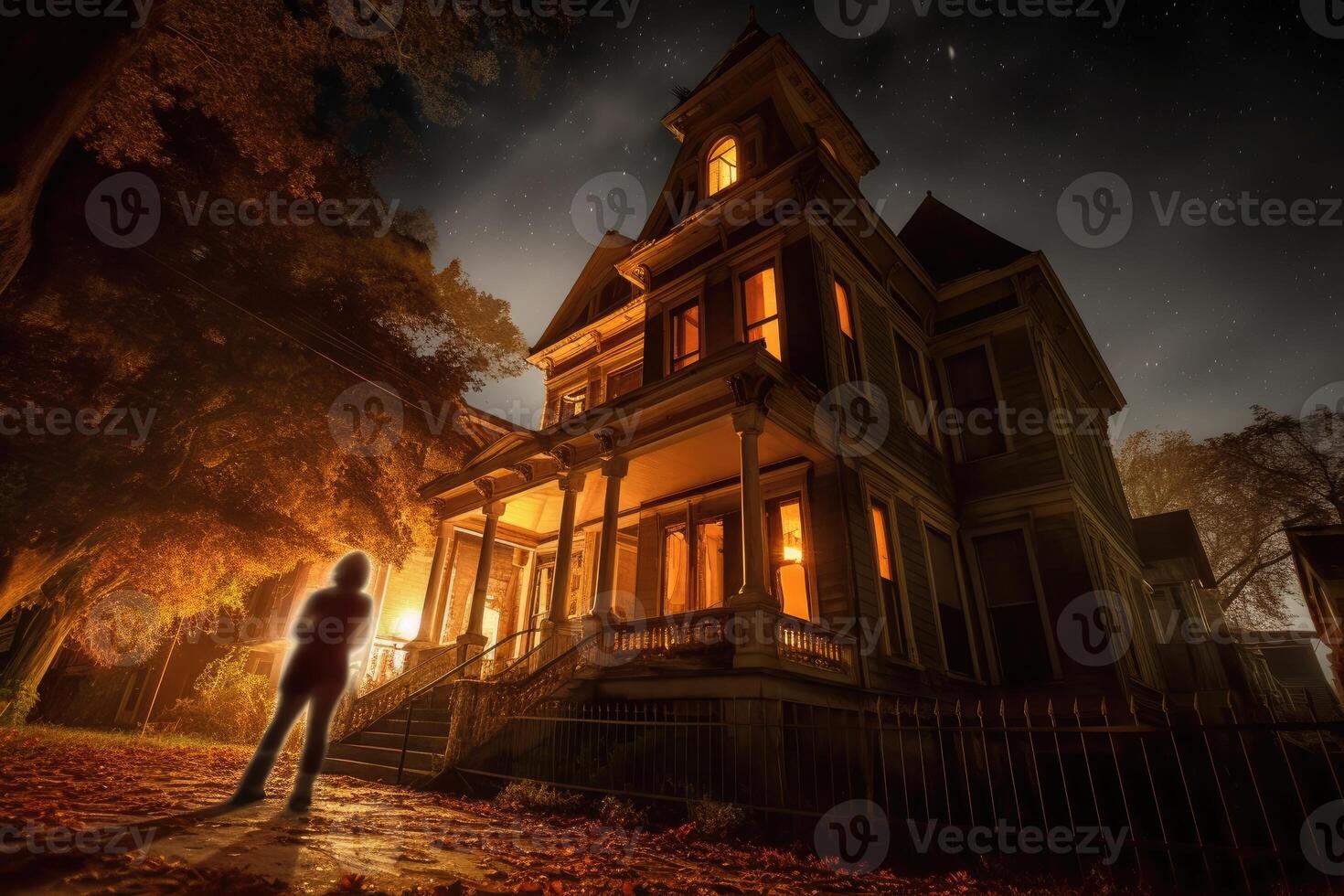 In this Halloween - themed photo, the ominous ambience of a haunted house. photo