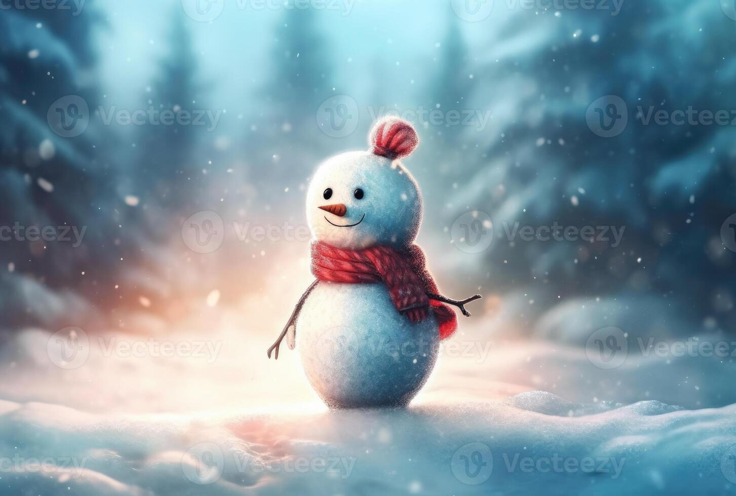 Snowman in the snow, in front of glowing lights and bokeh effect in the background. Christmas Concept. Generative AI photo