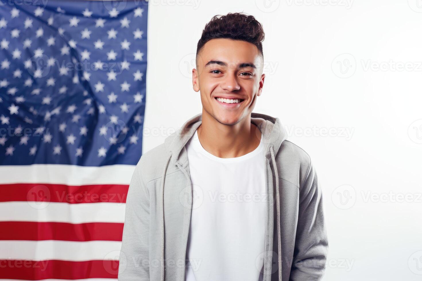 Photo of handsome american man posing in front of american flag. Generative AI