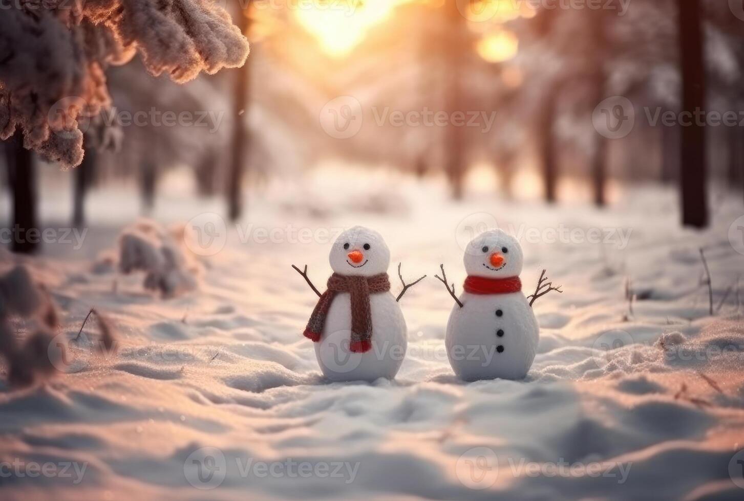 Snowman in the snow, in front of glowing lights and bokeh effect in the background. Christmas Concept. Generative AI photo