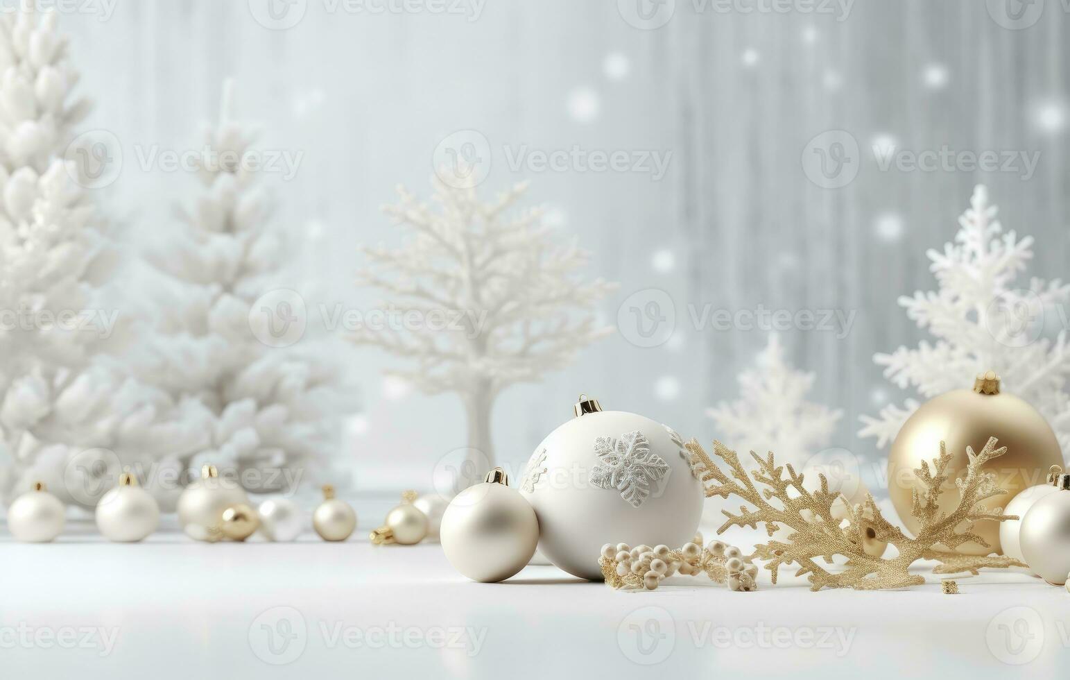 White and gold Christmas decorations in glowing lights in the snow. Minimalist new year concept. Generative AI photo