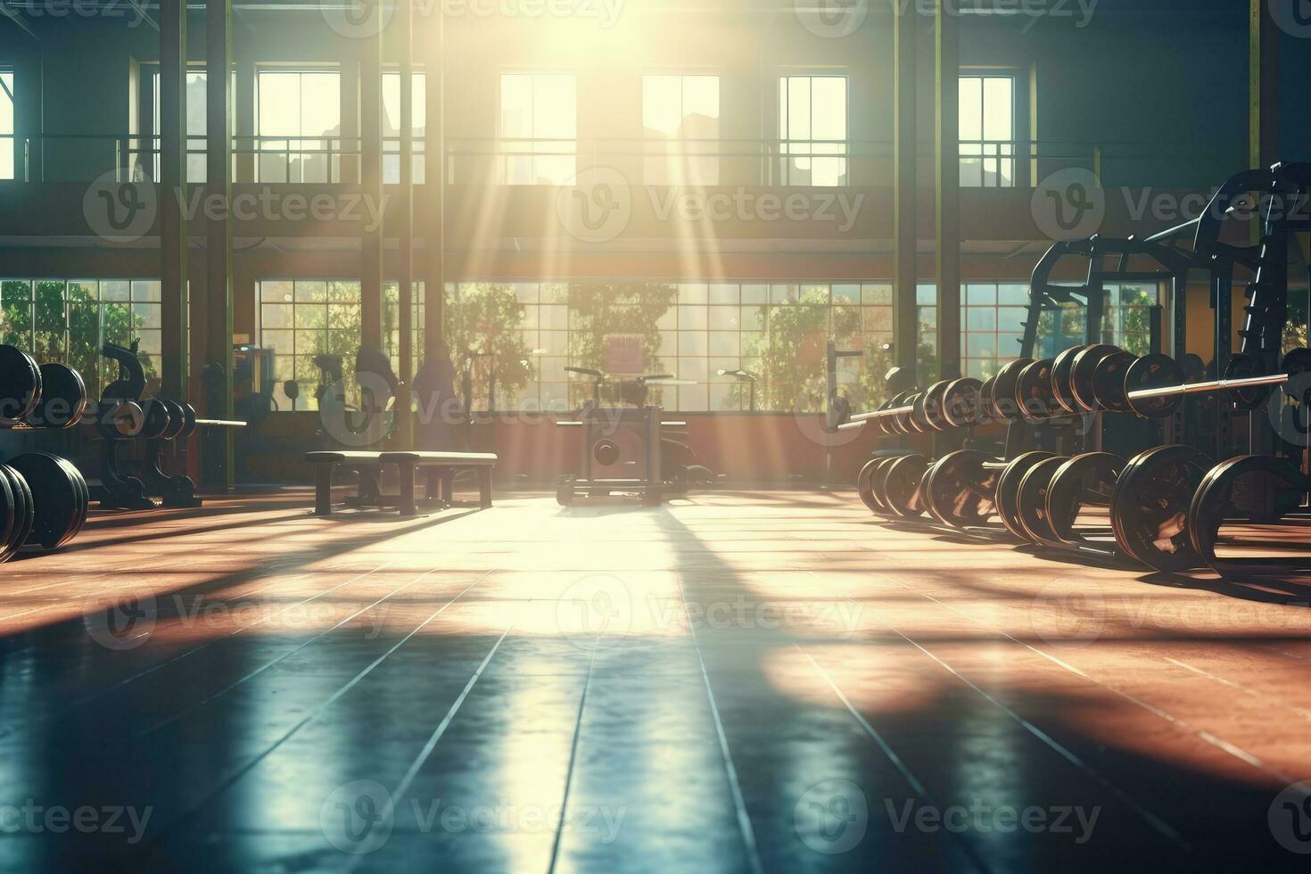 Gym interior photo with sunlight leaking through the window. Generative AI